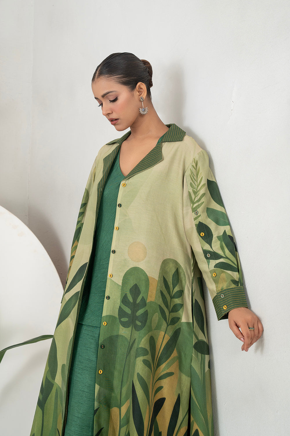 Shades Of Green Silk Chanderi Lush Jungle Printed Dress Set (3 PCS)