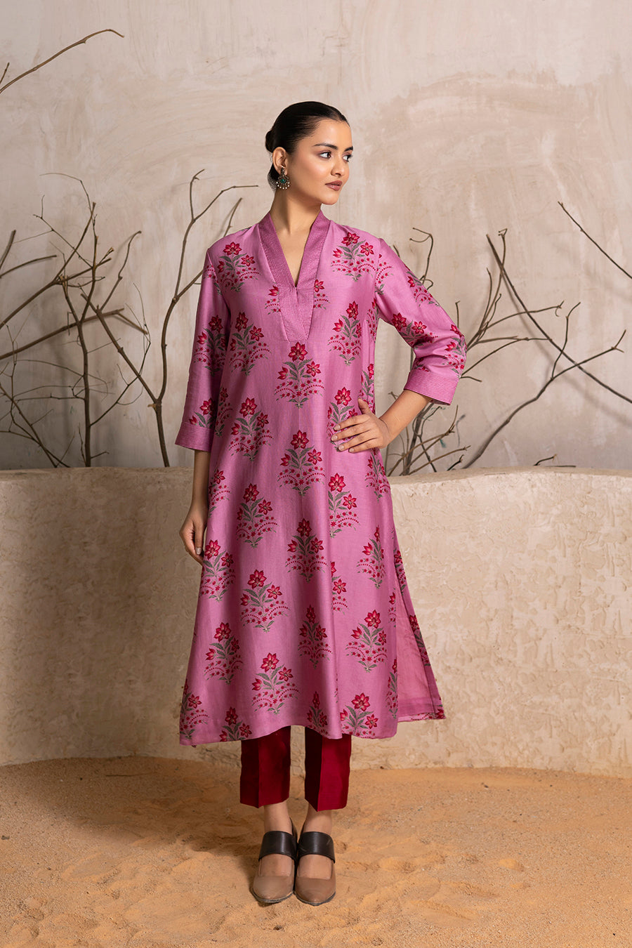 Salmon Pink Silk Chanderi Floral Boota Printed Tunic (1 PC)