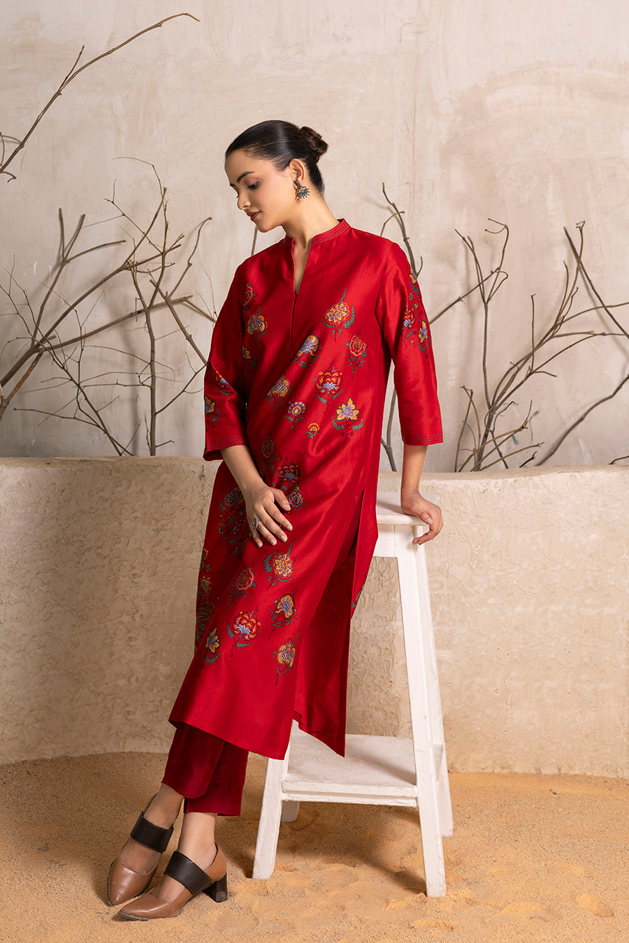 Bright Red Silk Chanderi Printed Tunic (1 PC)