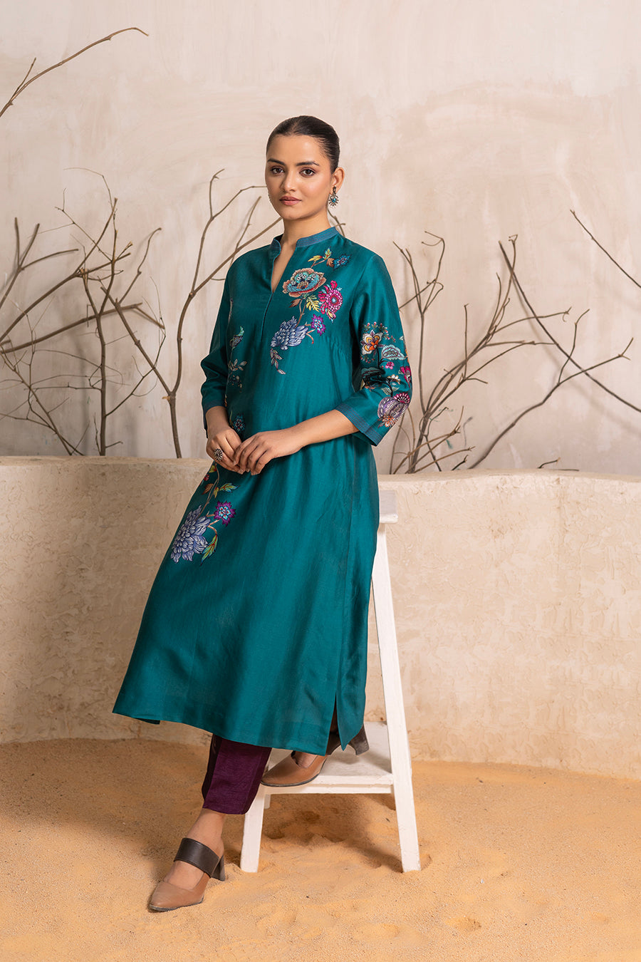 Emerald Silk Chanderi Floral Printed Tunic (1 PC)