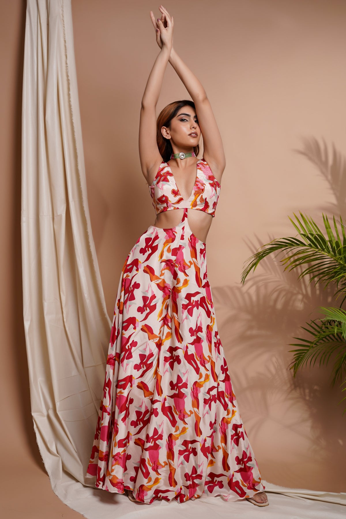 CREAM ABSTRACT PRINTED V-NECK JUMPSUIT