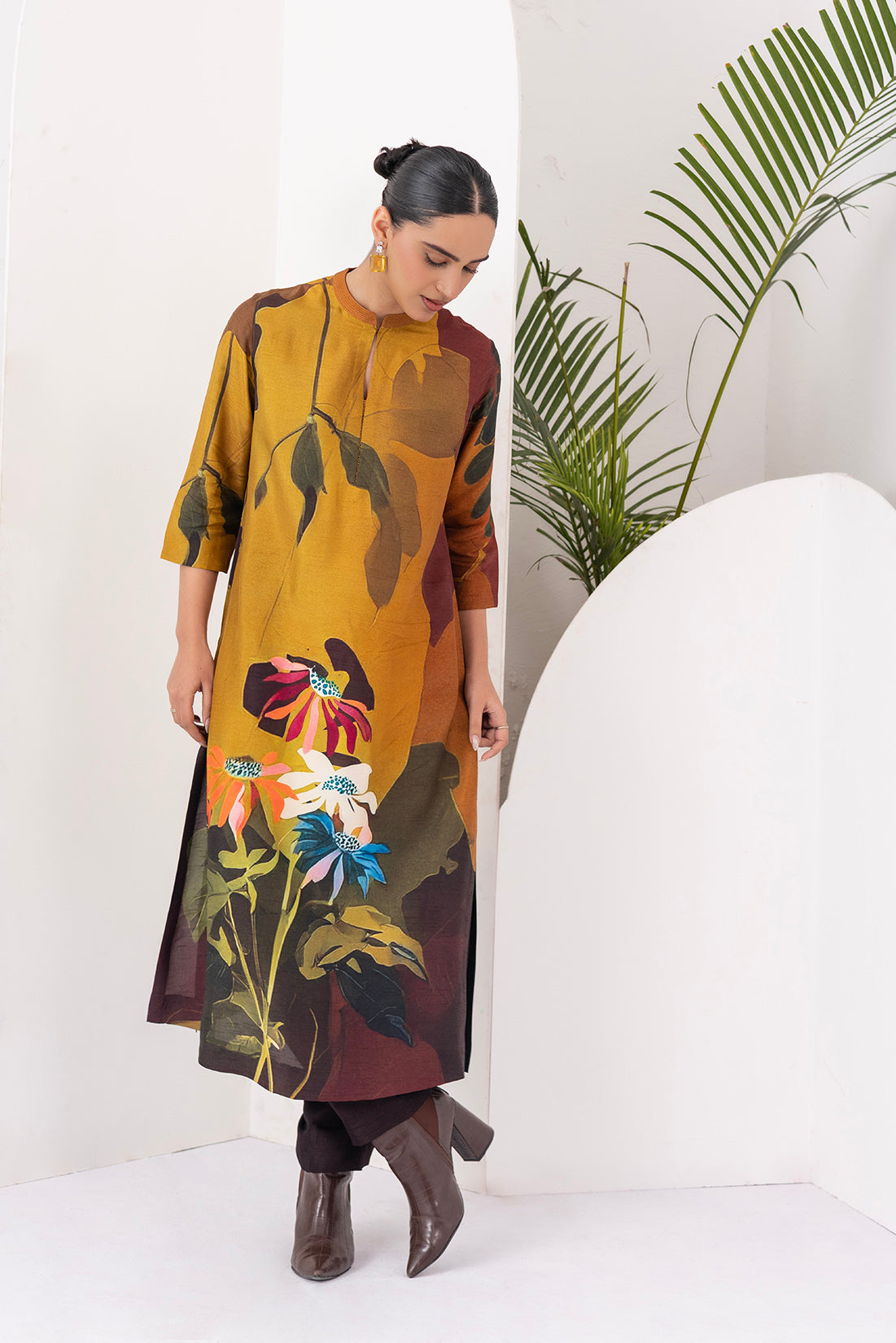 Mustard & Brown Viscose Dupion Printed Tunic  (1 PC)