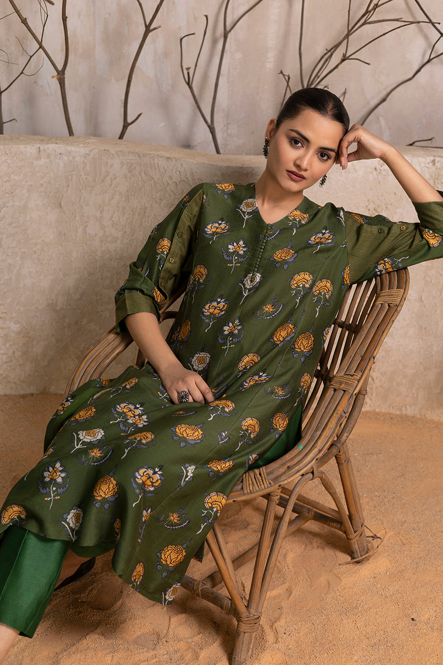 Leaf Green Silk Chanderi Printed Tunic (1 PC)