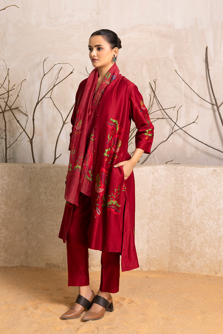 Red Silk Chanderi Printed Stole (1 PC)