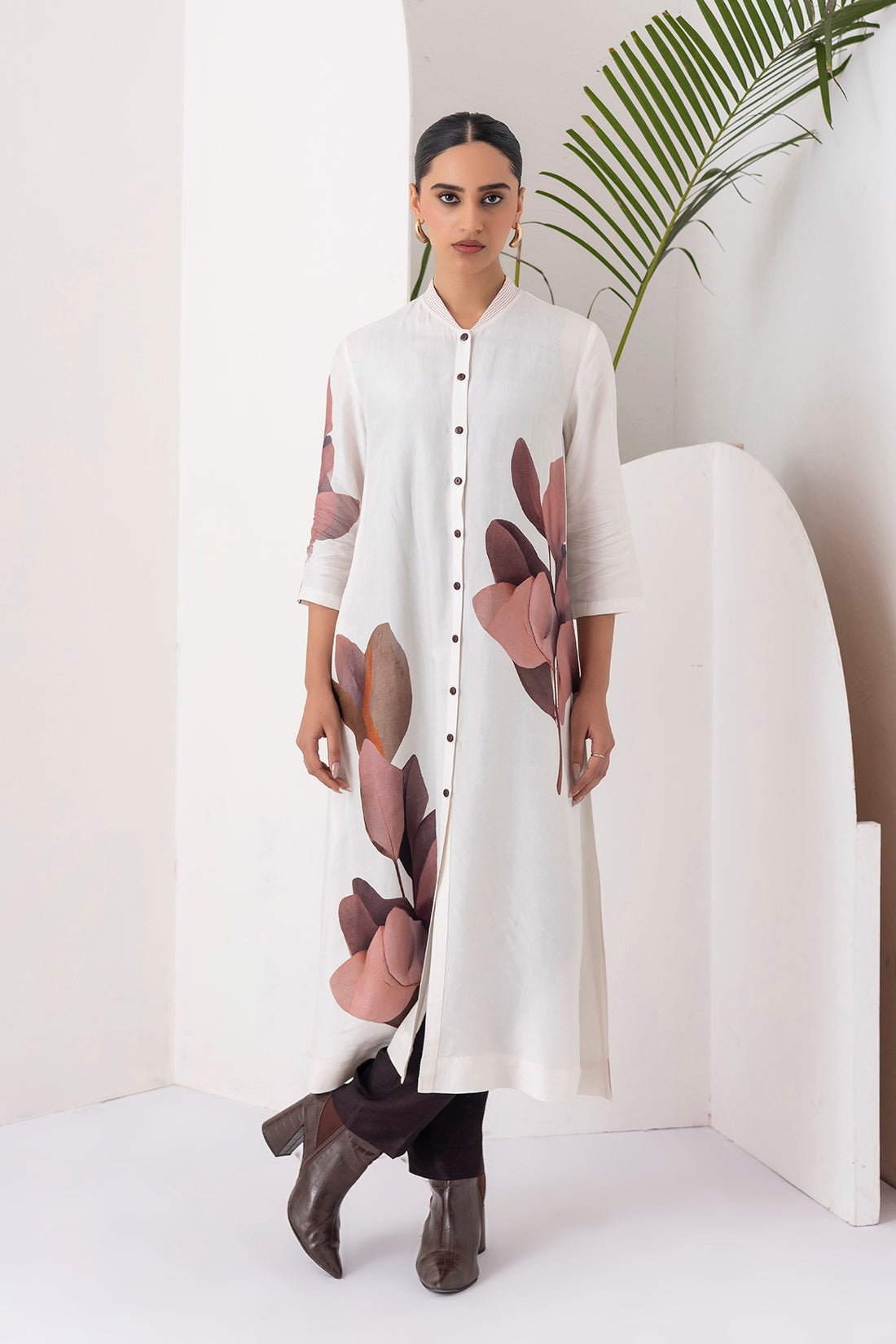 Ivory Viscose Dupion Leaf Printed Dress (1 PC)