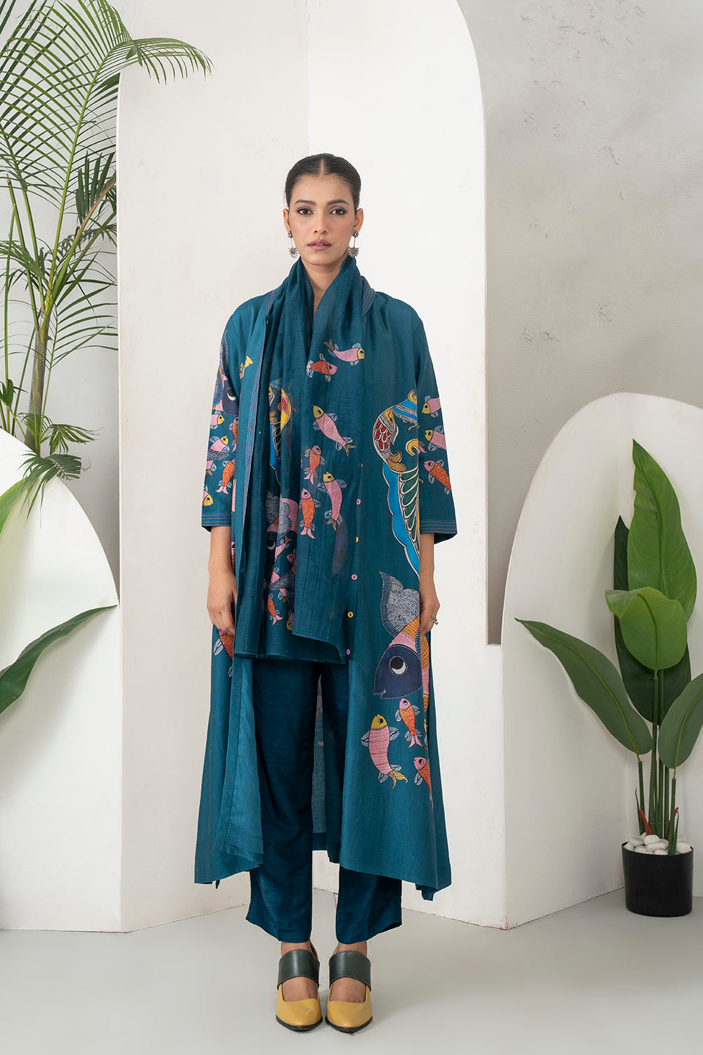 Indigo Silk Chanderi Playful Aquatic Motif Printed Dress Set (3 PCS)