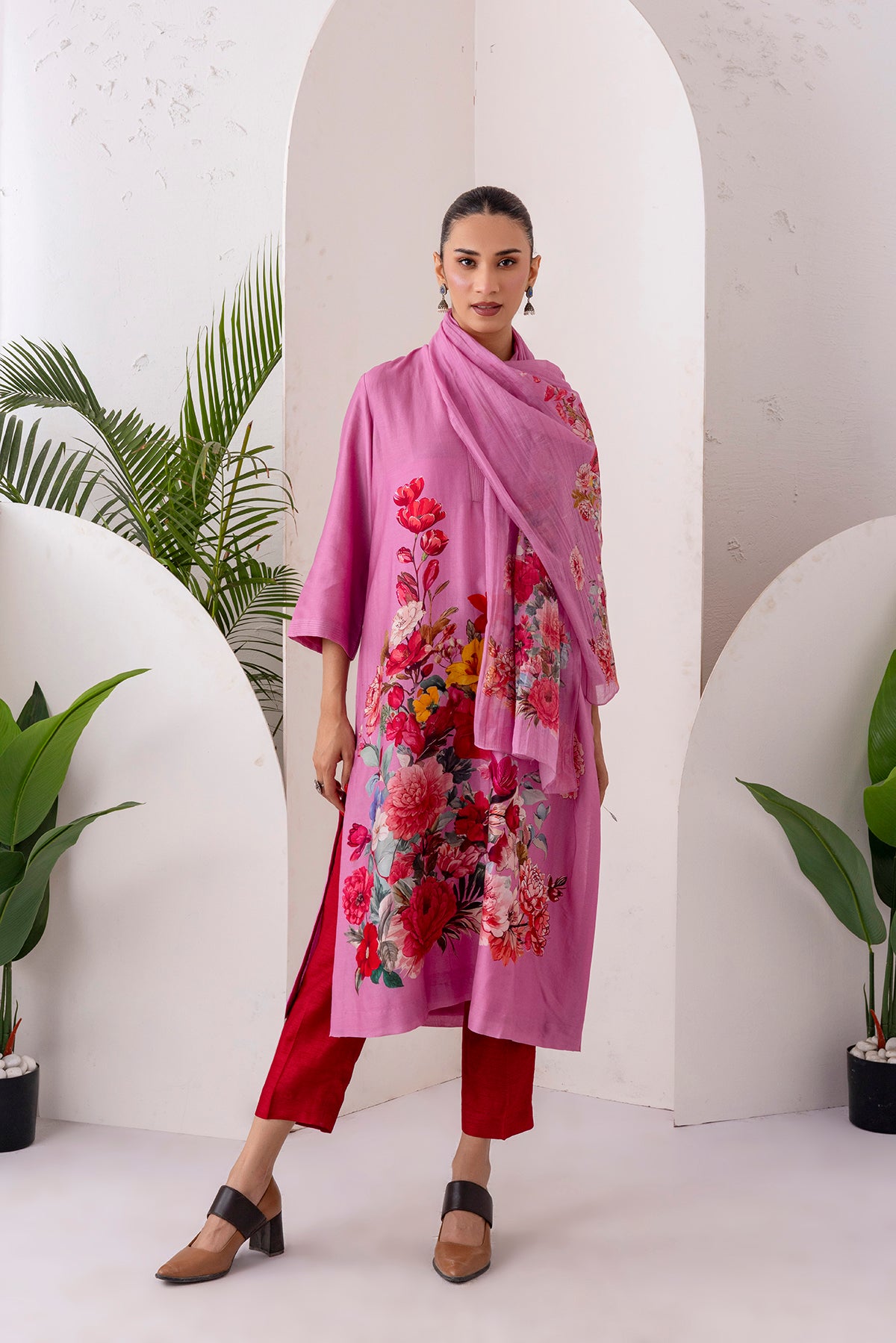 Salmon Pink Thin Chanderi Printed Stole (1 PC)