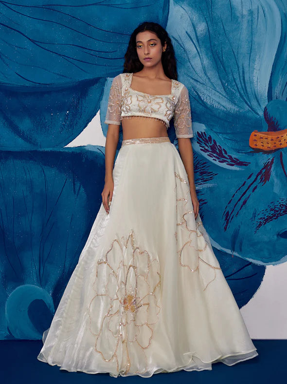 Petal Moon Ivory Organza Lehenga Set