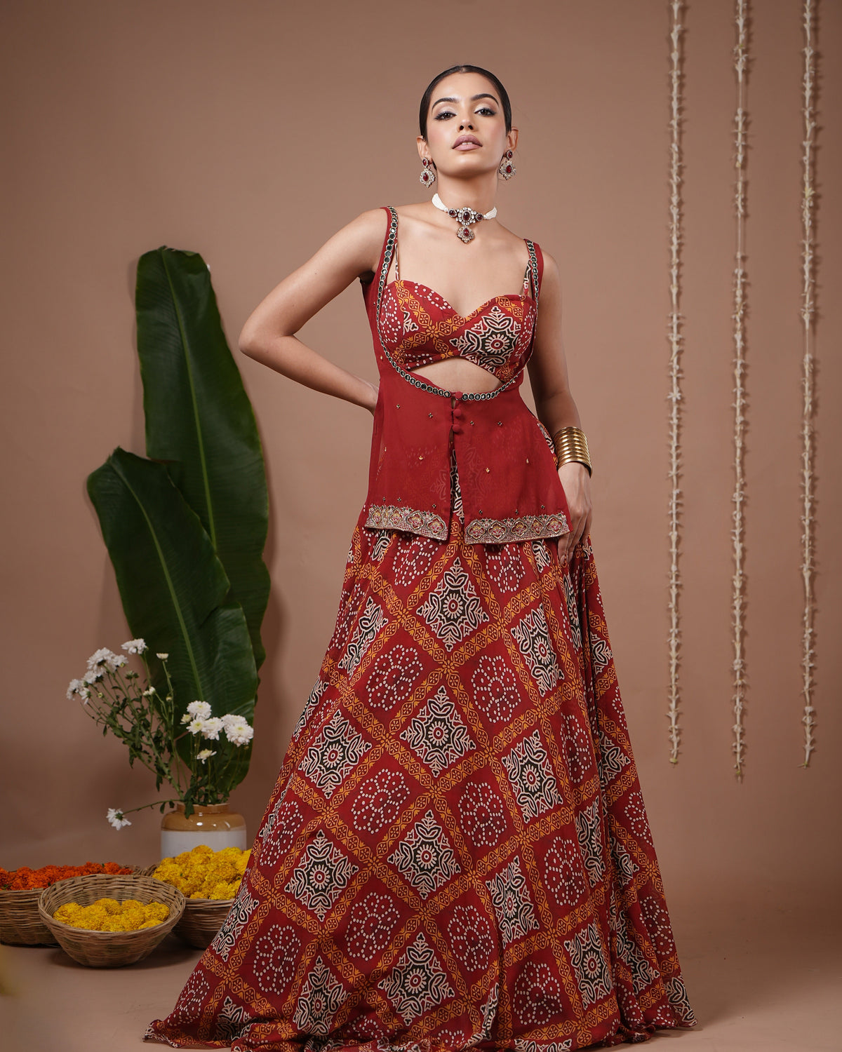 Red Bandhani Printed Lehenga Set (Set of 3)