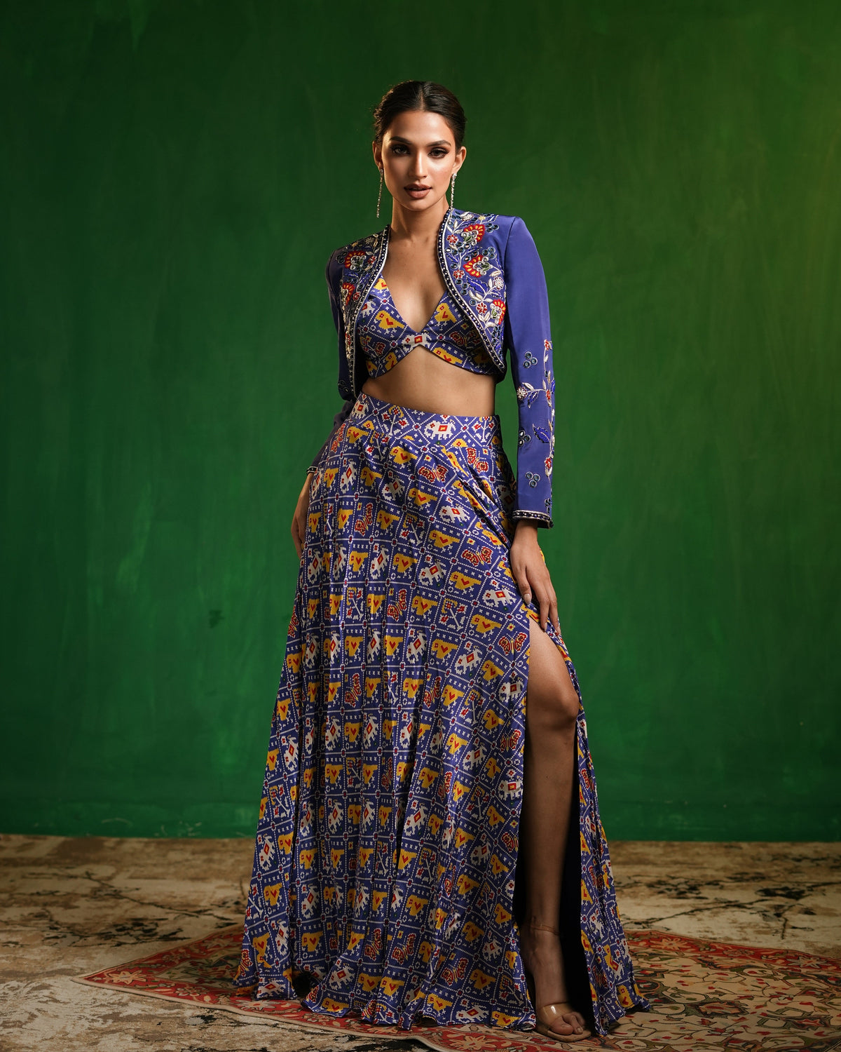 Blue Patola Printed Indo Lehenga  Set (Set of 3)