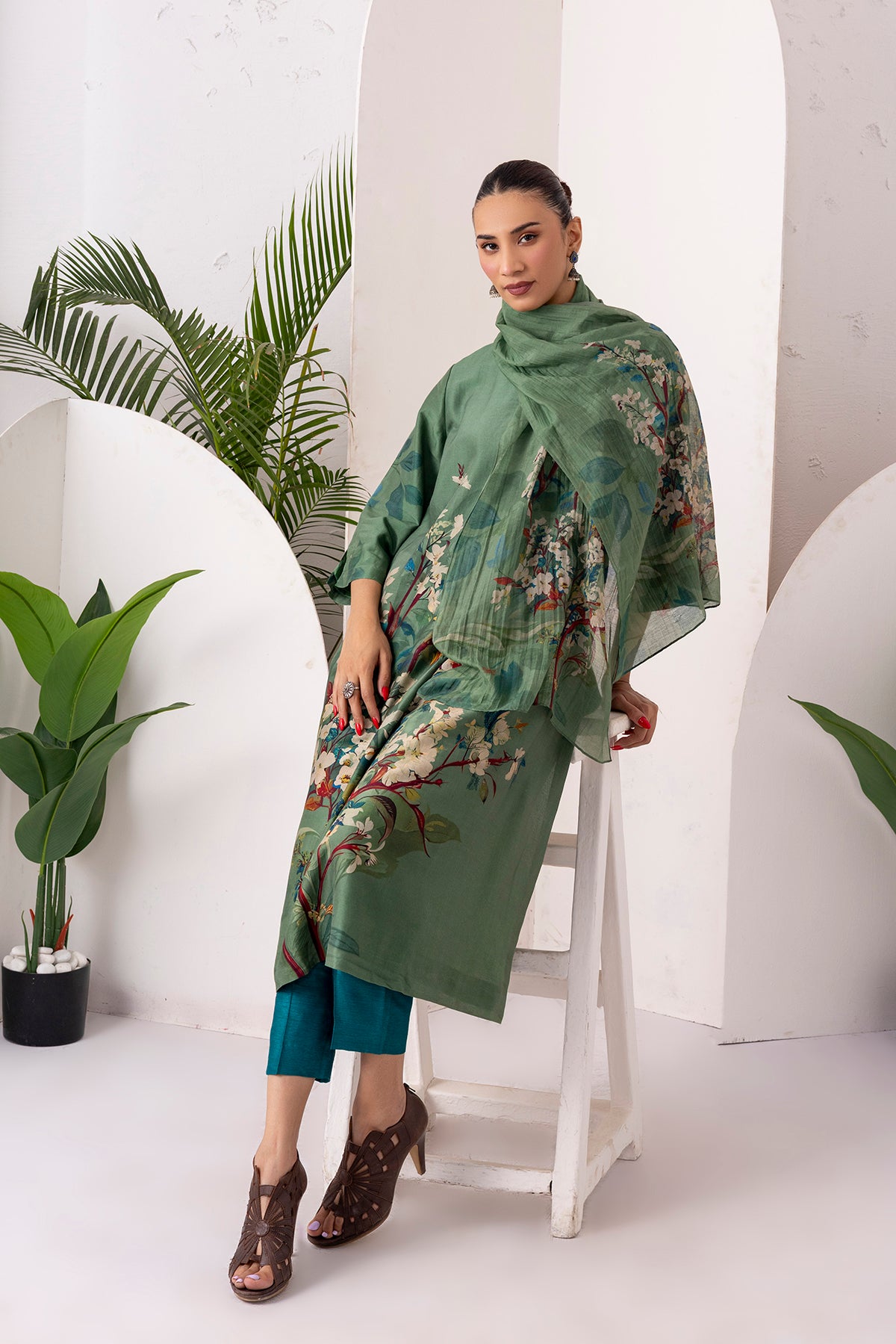 Sage Green Silk Chanderi Printed Stole (1 PC)
