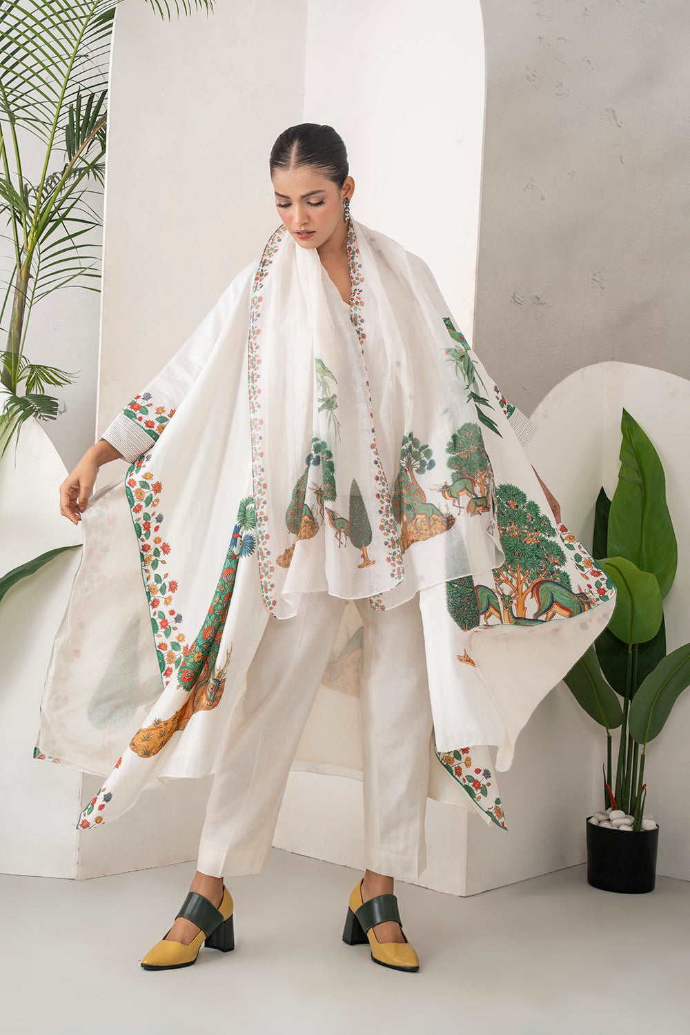 Ivory Silk Chanderi Folk Tale Printed Kaftan Set (3 PCS)