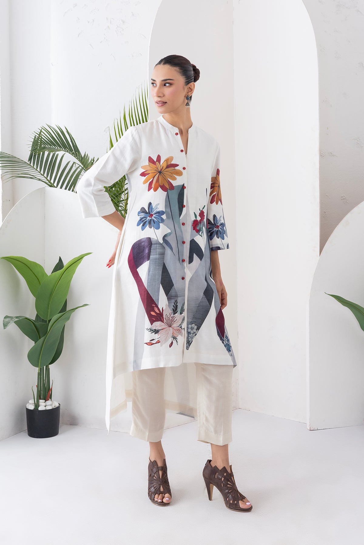Ivory Silk Chanderi Printed High-Low Dress (1 PC)