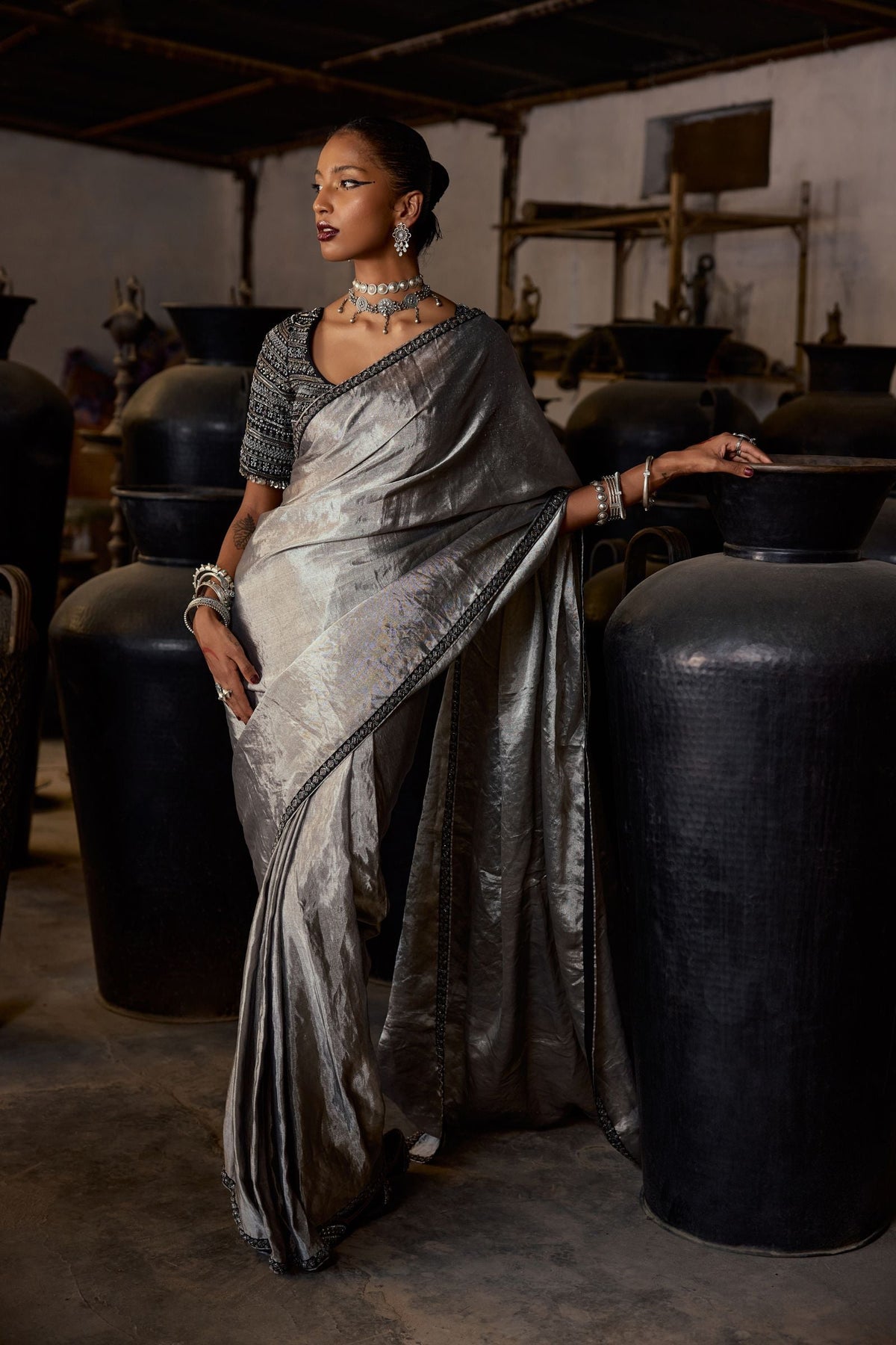 SILVER SAREE AND PETTICOAT