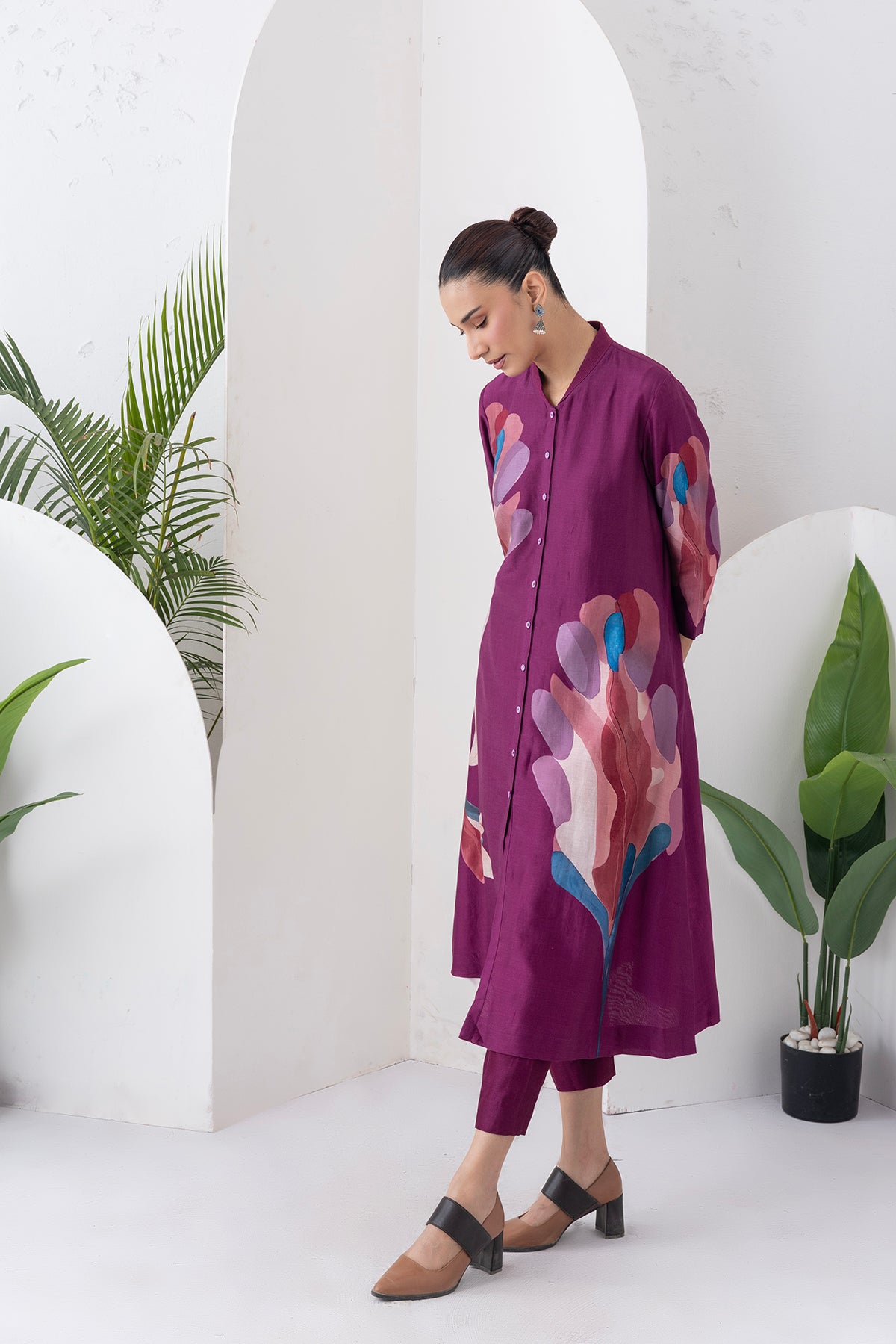 Wine Silk Chanderi Printed Dress (1 PC)