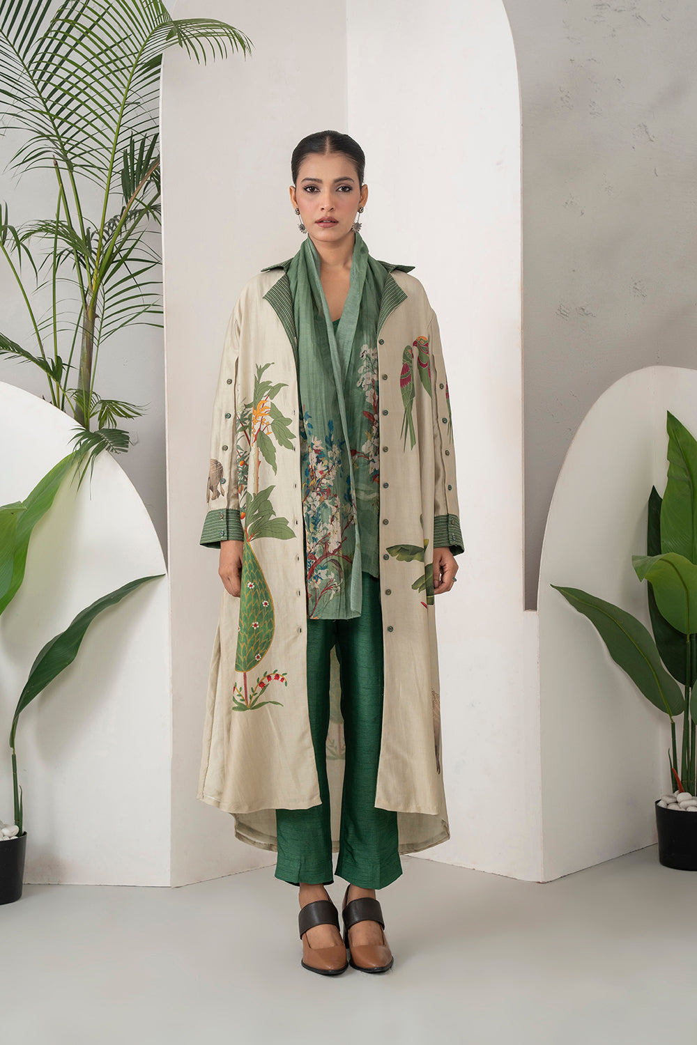 Beige Silk Chanderi Nature-Inspired Printed Dress Set (3 PCS)