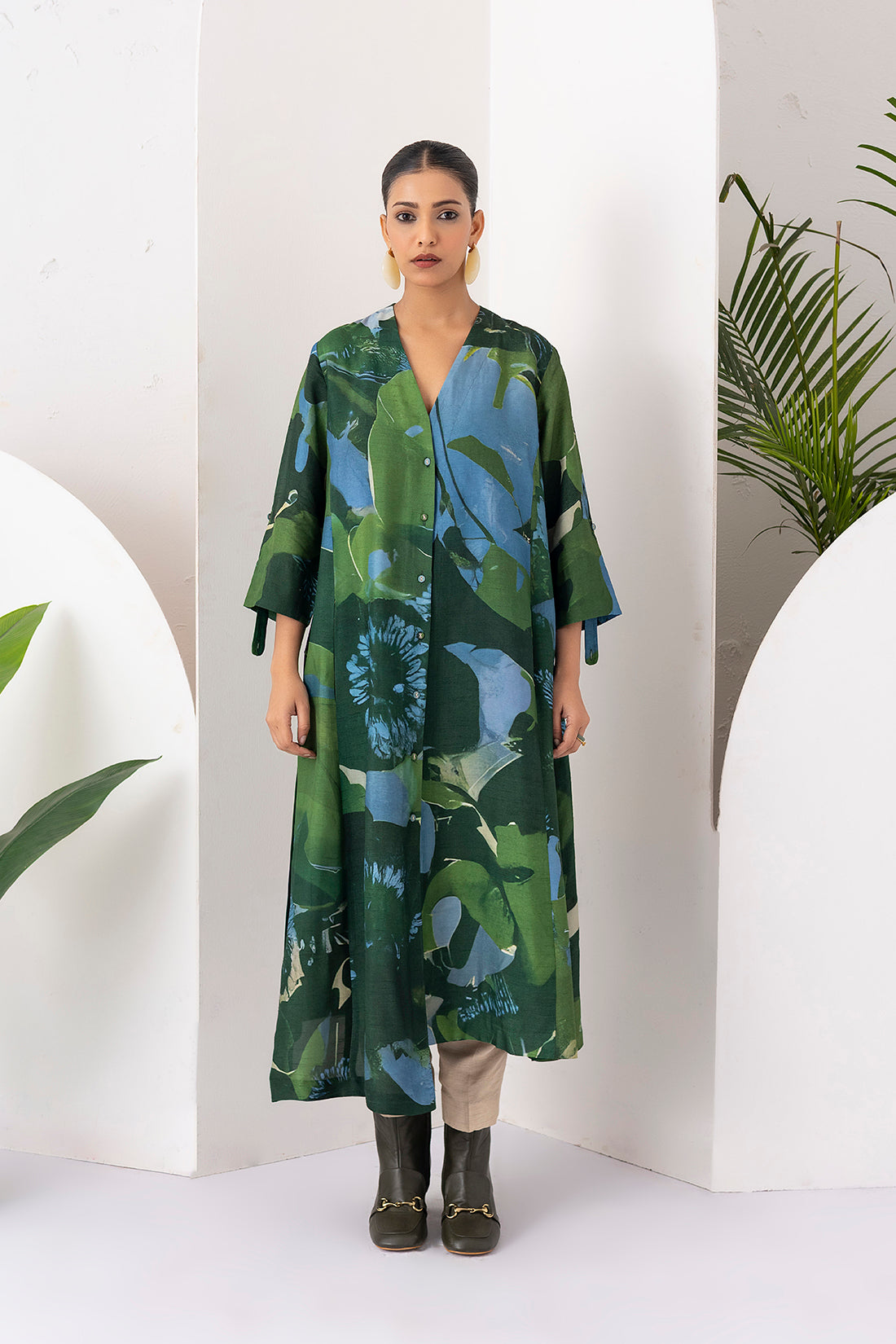 Green & Blue Viscose Dupion Printed Dress  (1 PC)