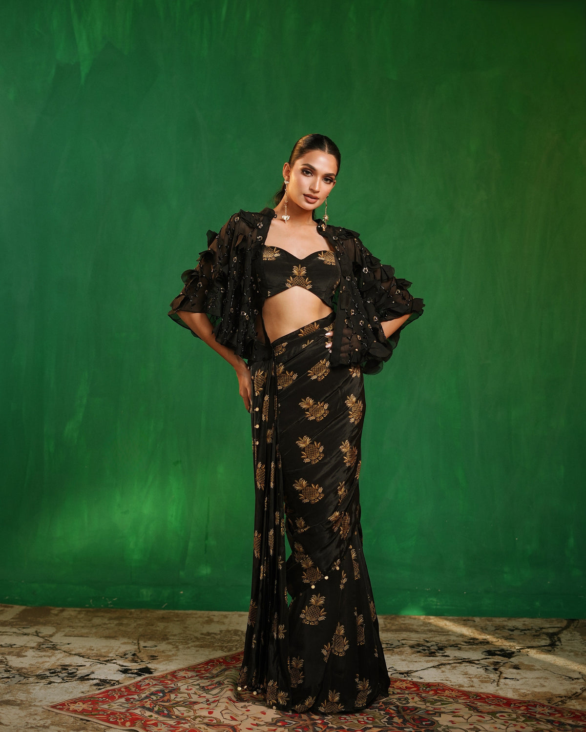 Pineapple Print Pre-Drape Saree With Statement Organza Poncho Set (Set of 3)