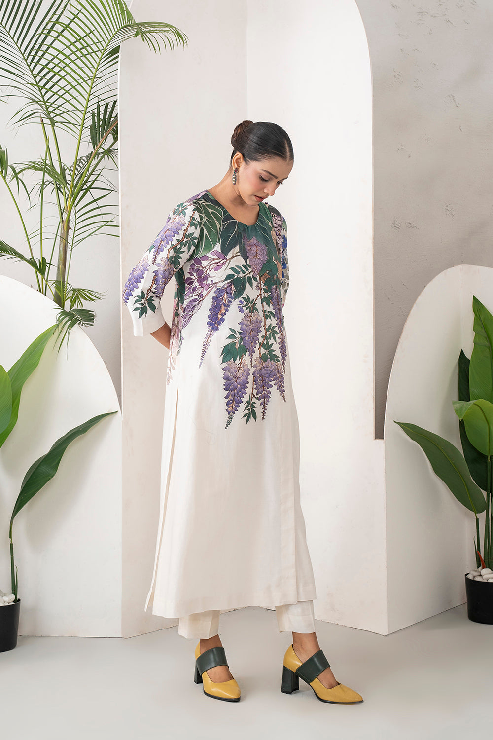 Ivory Silk Chanderi Side Panel Wisteria Printed Dress Set (2 PCS)