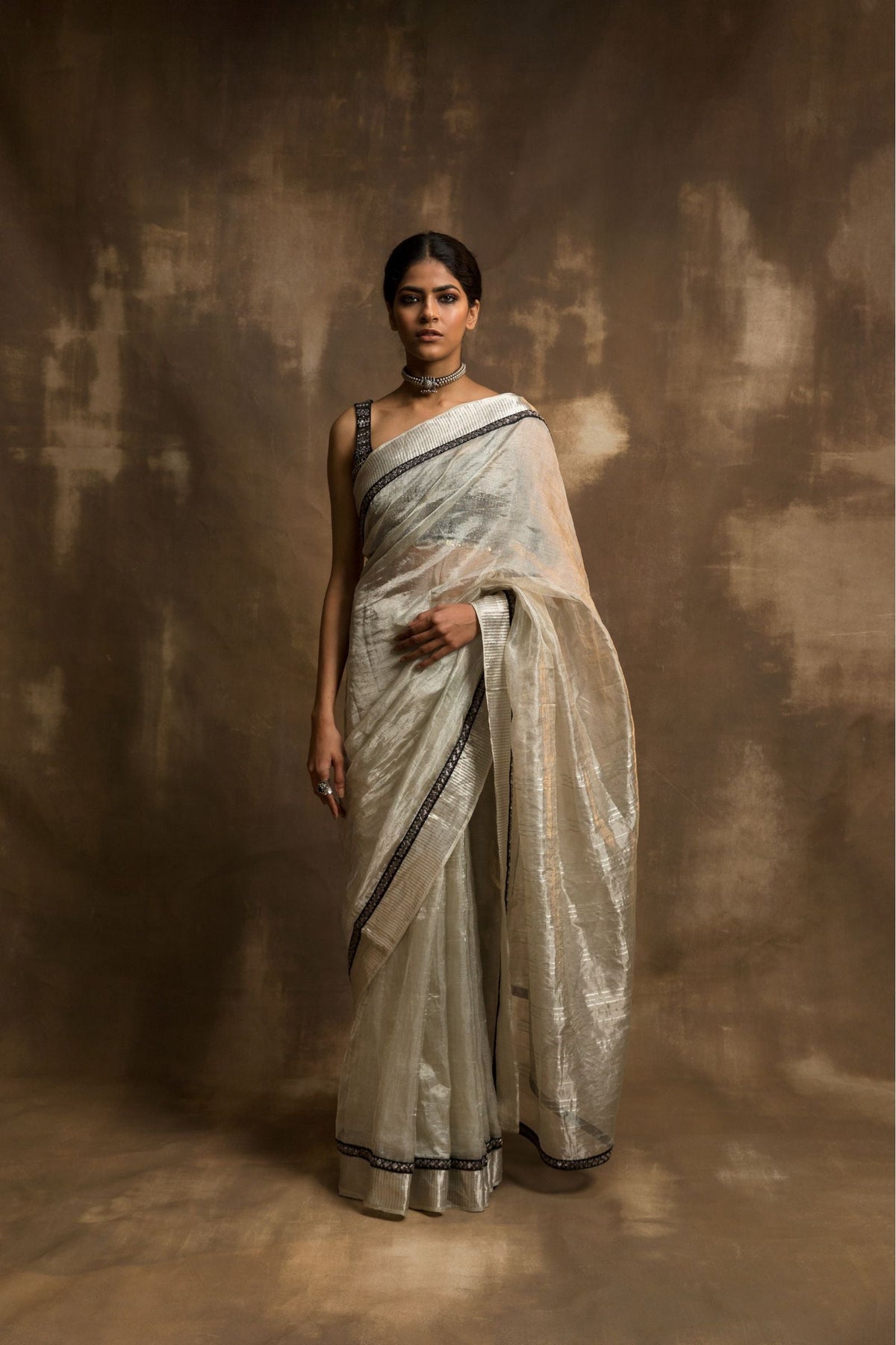 BANARASI TISSUE NET SAREE IN SILVER WITH PETTICOAT