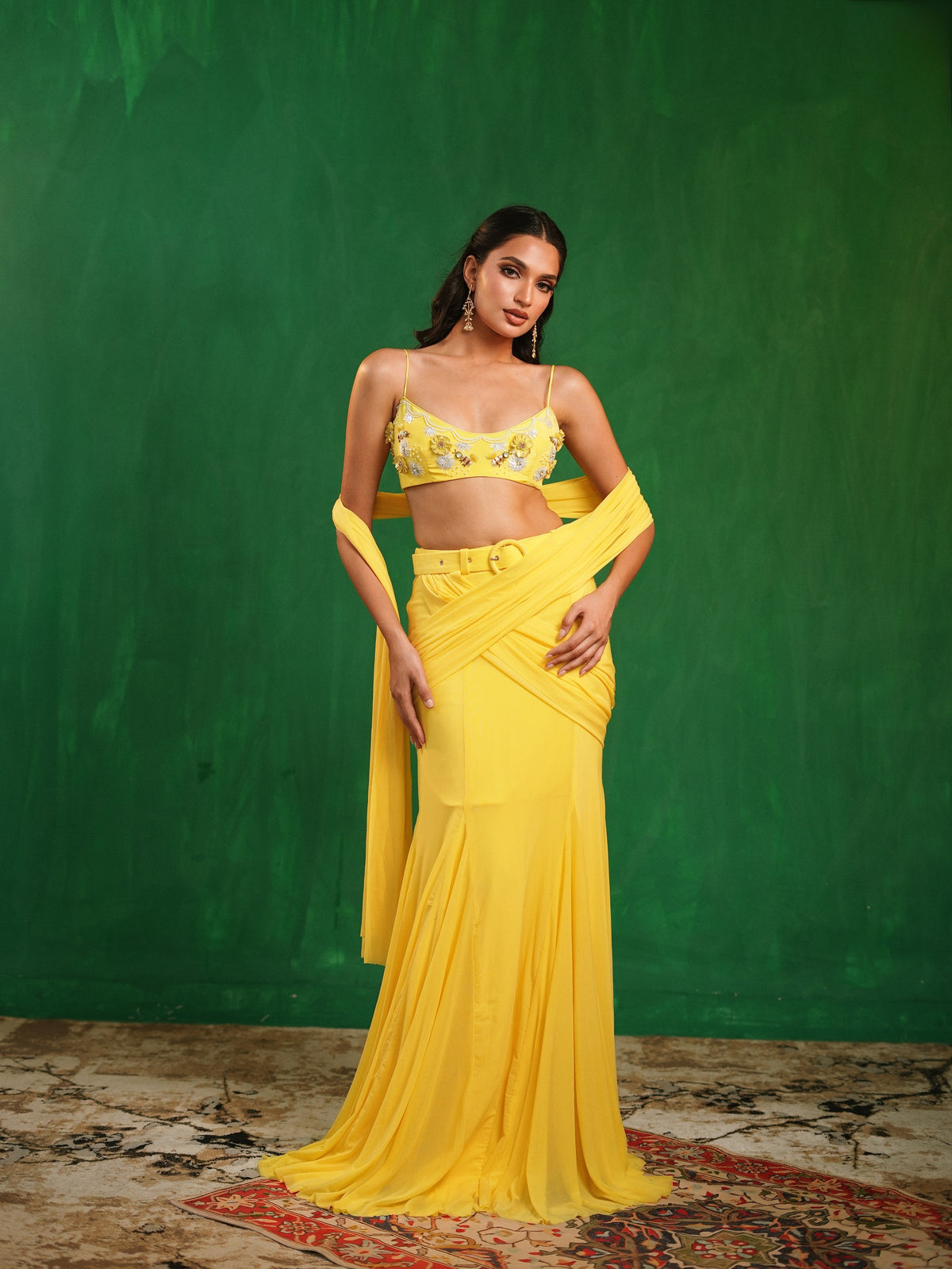 Sunshine Yellow Pre Drape Saree  Set  (Set of 2)