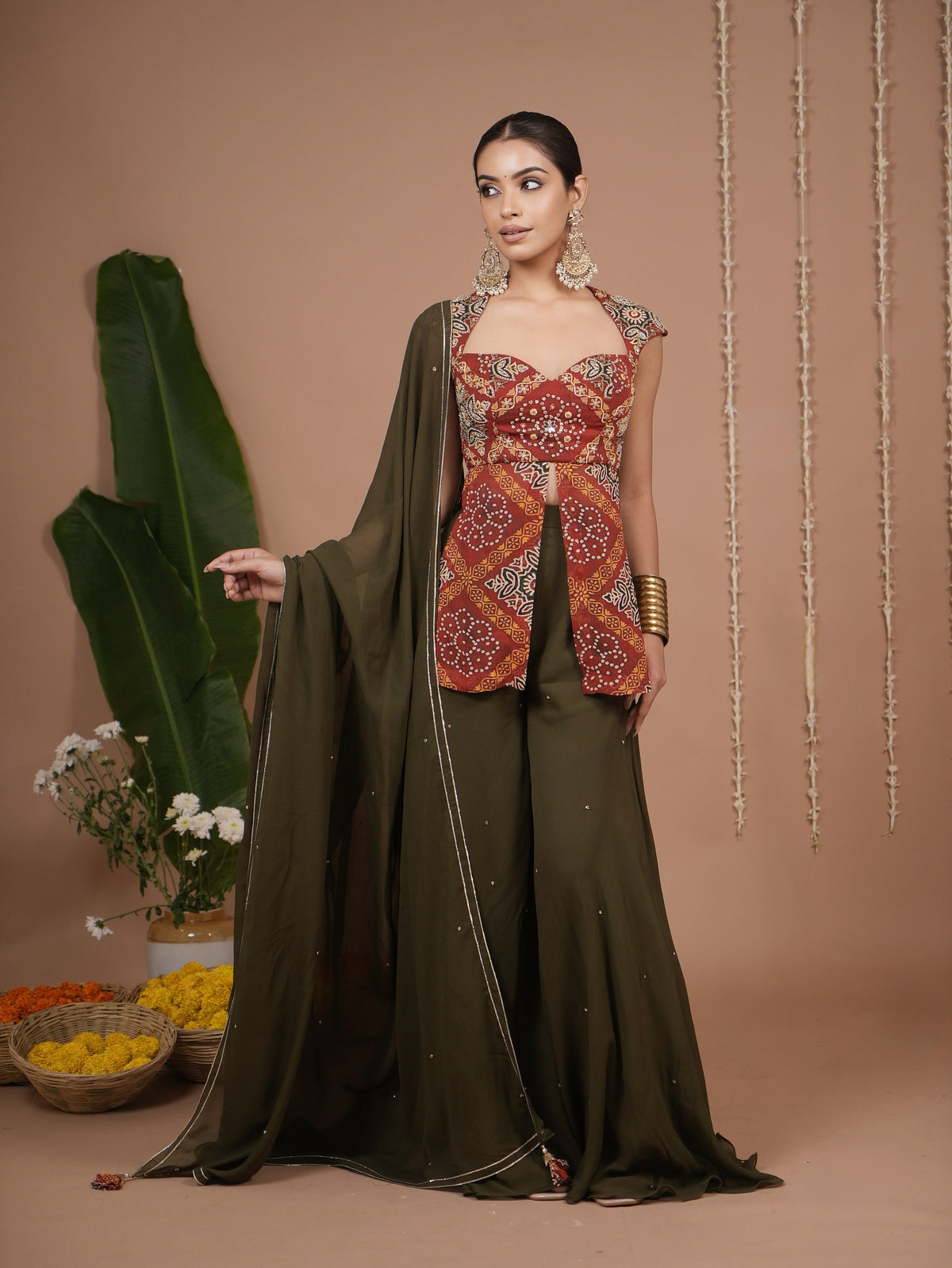 Red Bandhani Printed Kurti Palazzo Set (Set of 3)