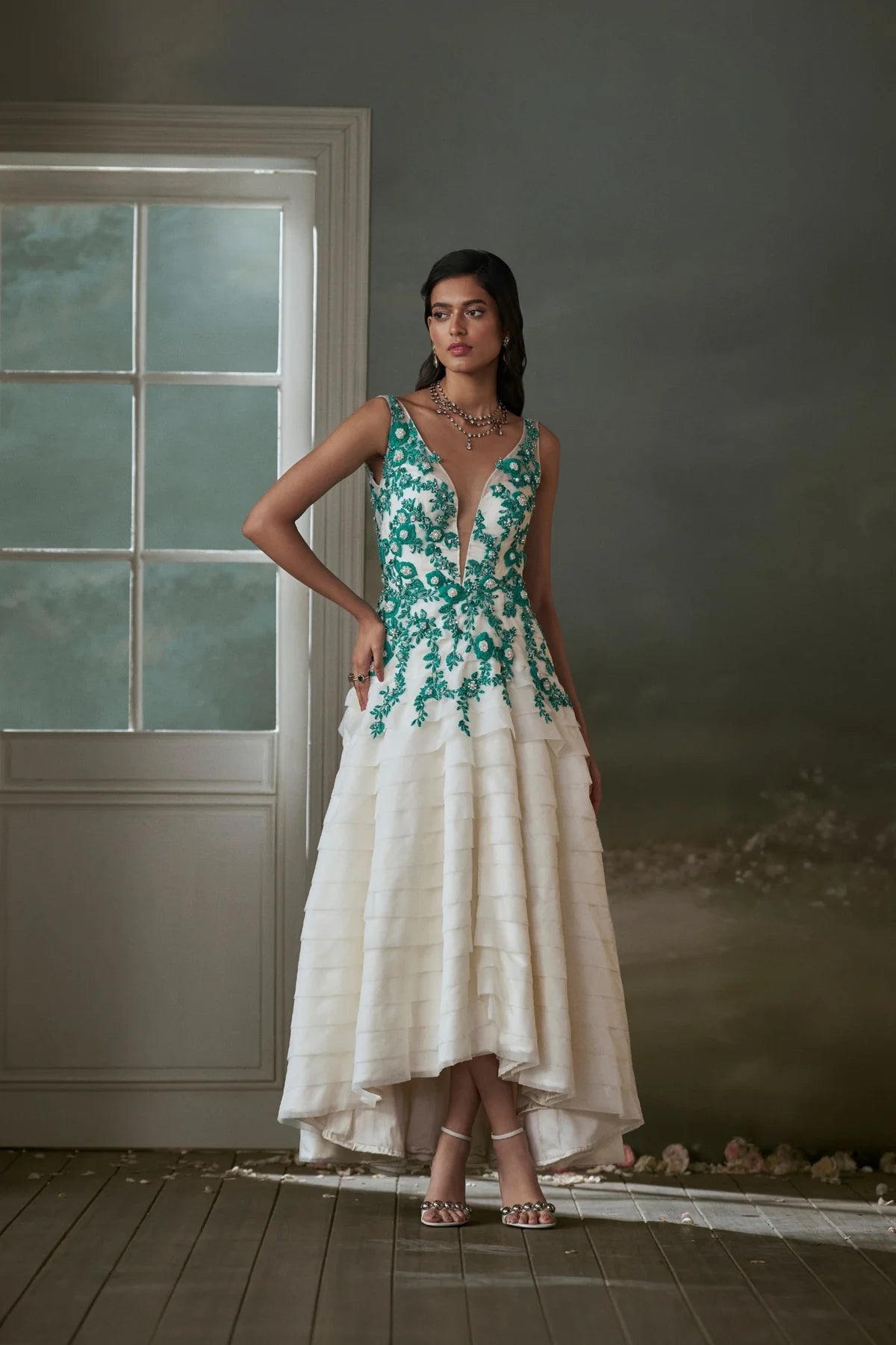 Ivory organza layered asymmetrical dress