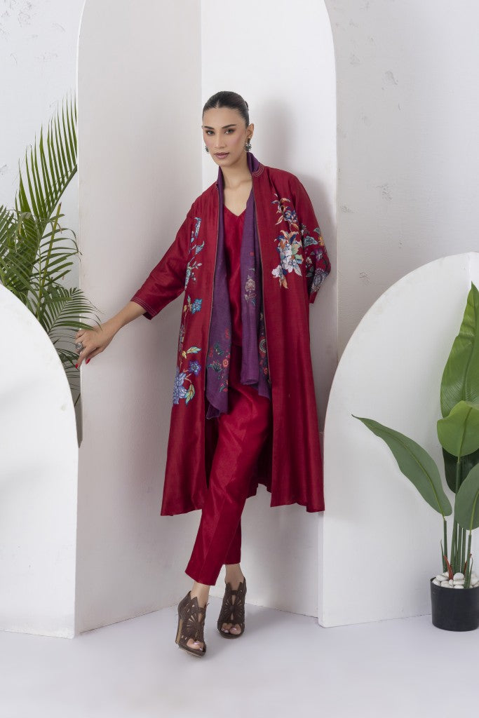 Maroon Silk Chanderi Floral Printed Front Open Dress (1 PC)