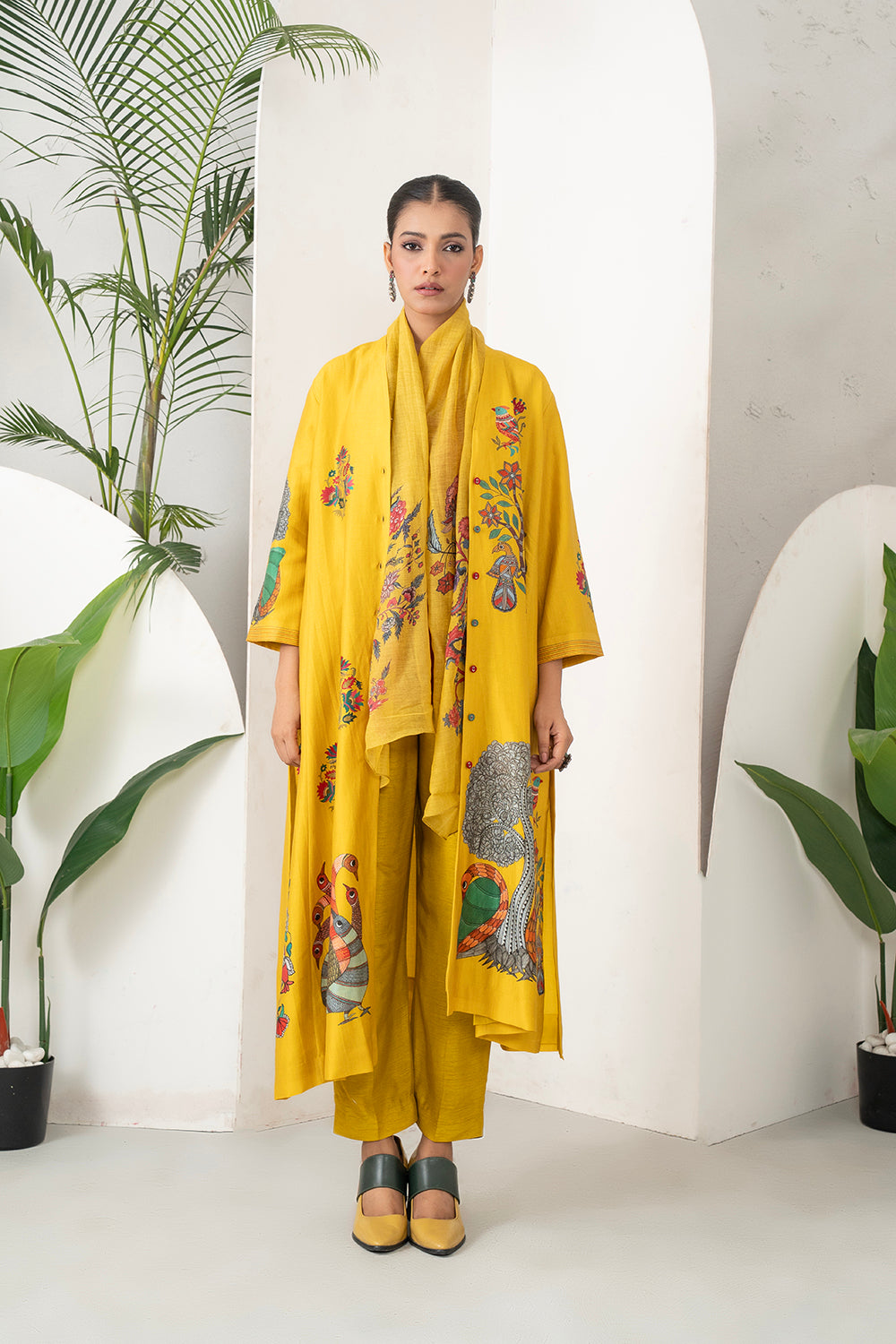 Yellow Silk Chanderi Front Open Striking Bird And Floral Printed Dress Set (3 PCS)