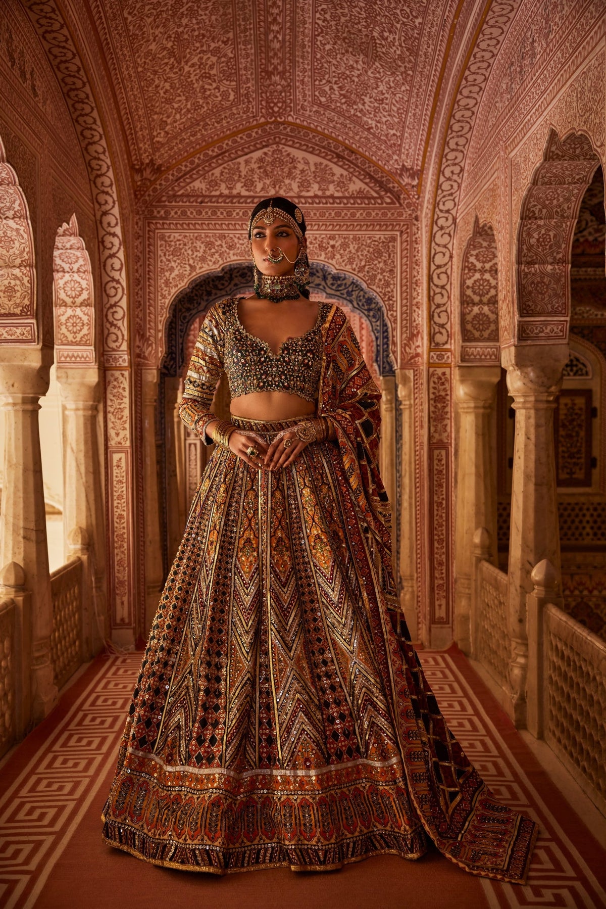 Multicolour Lehenga Set With Hand Embroidery