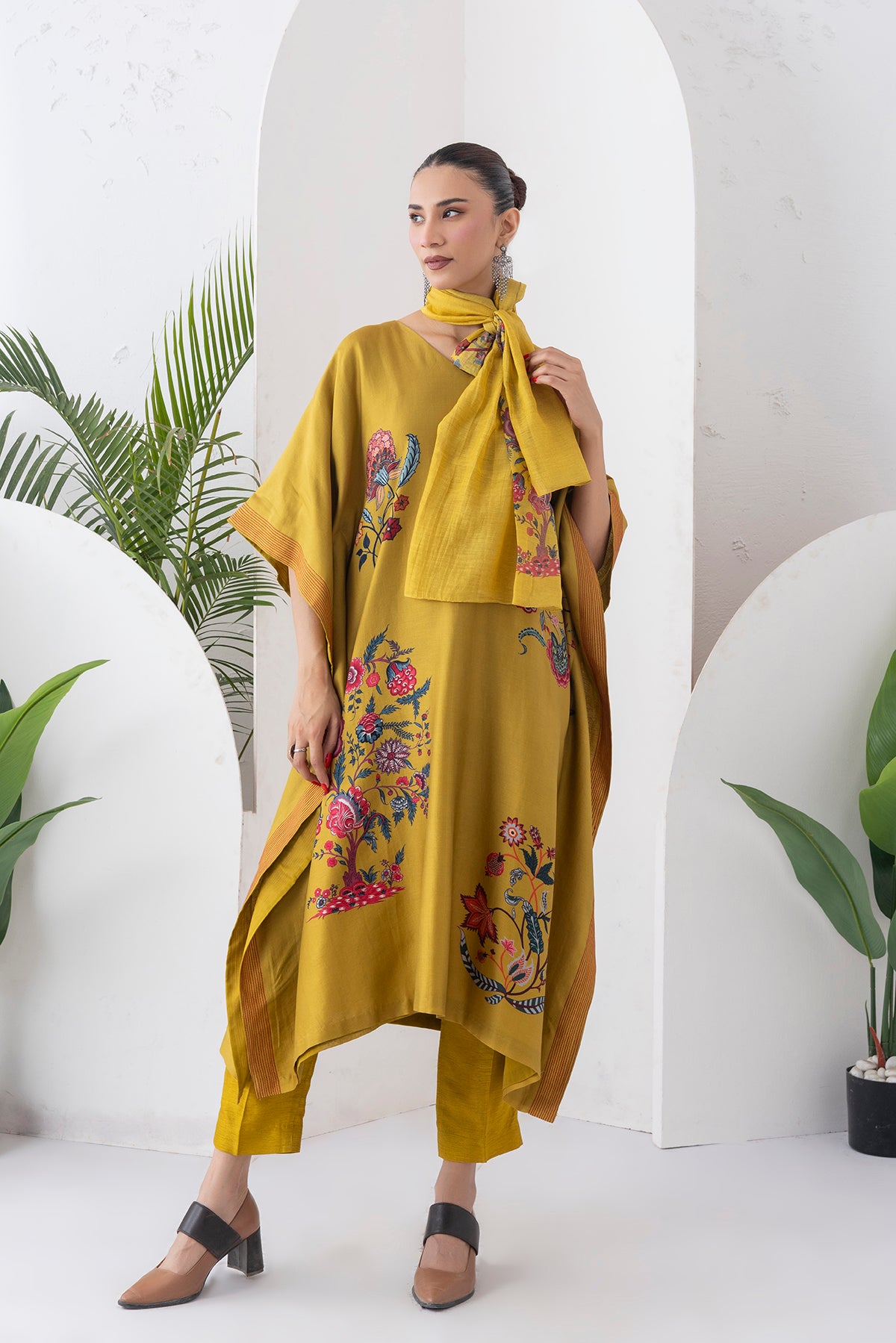 Mustard Silk Chanderi Chintz Printed Kaftan (1 PC)