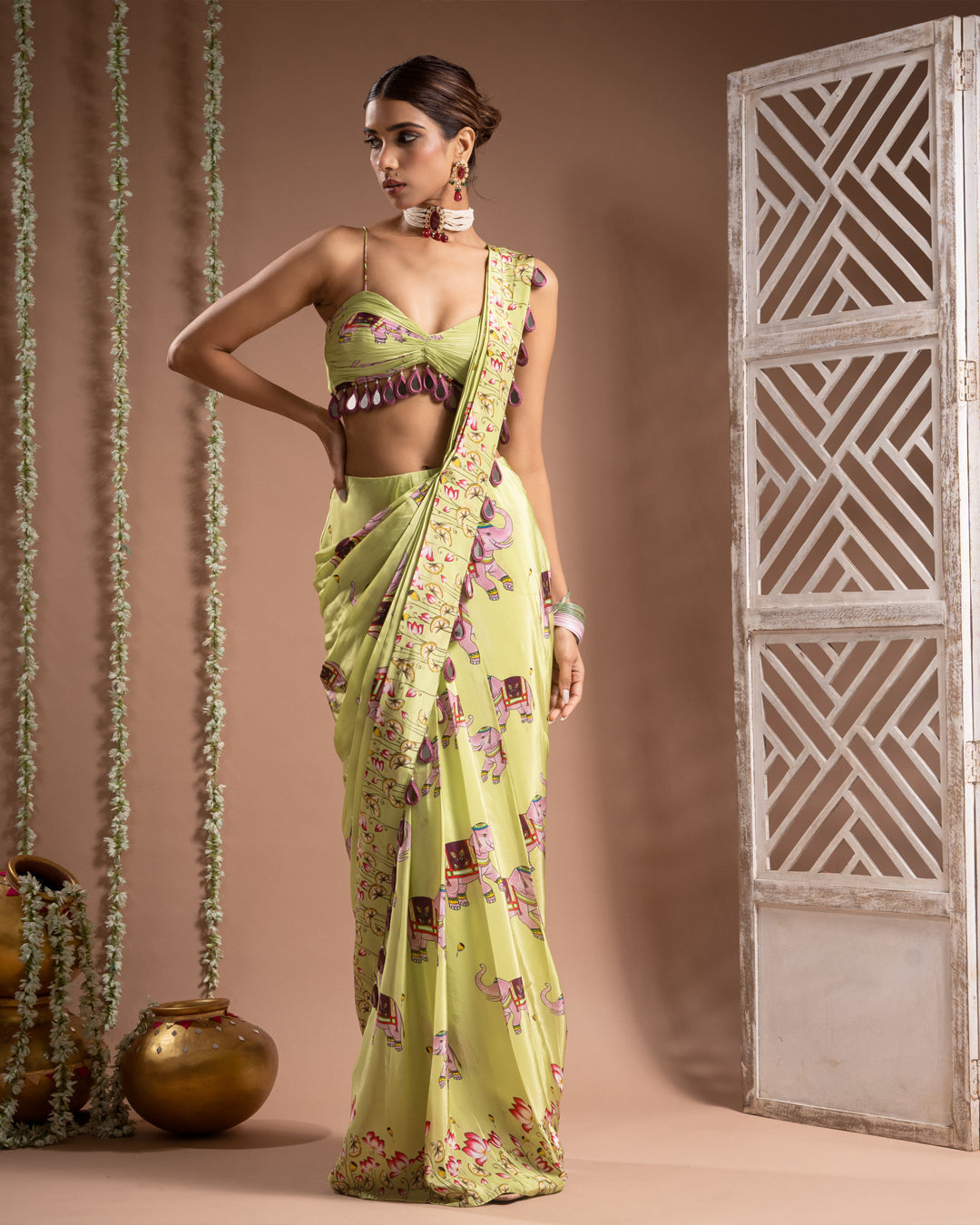 Elephant Print Green Purple Pre-Drape Saree (Set of 2)
