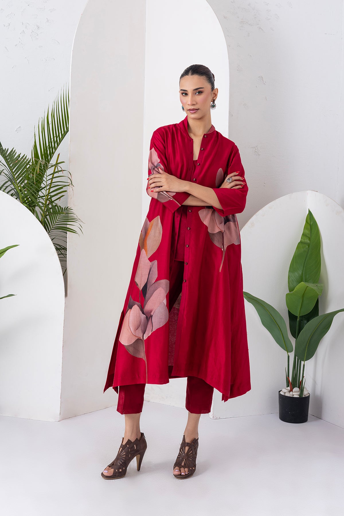 Maroon Silk Chanderi Leaf Printed Dress (1 PC)