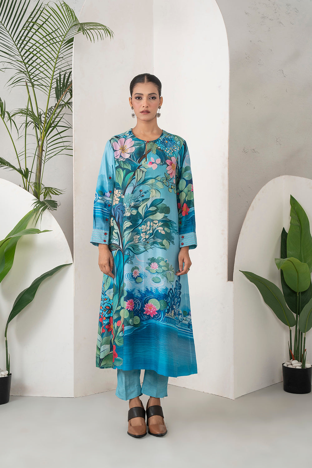 Sky Blue Silk Chanderi Lush Lotus Printed Tunic Set (2 PCS)