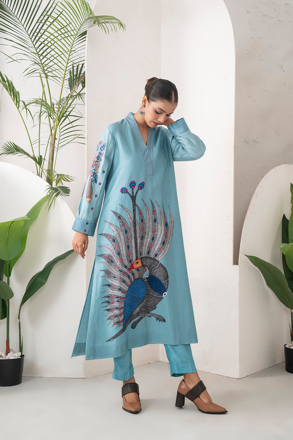 Sky Blue Silk Chanderi Striking Peacock Illustration Printed Tunic Set (2 PCS)