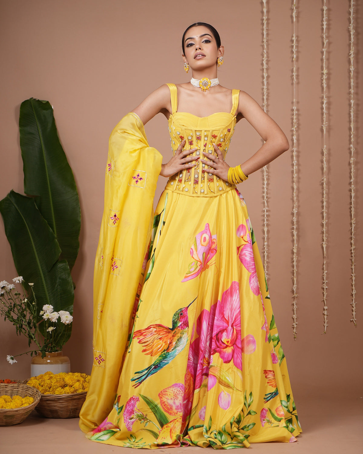 Mustard Floral Printed Corset Heavy Lehenga Set (Set of 3)
