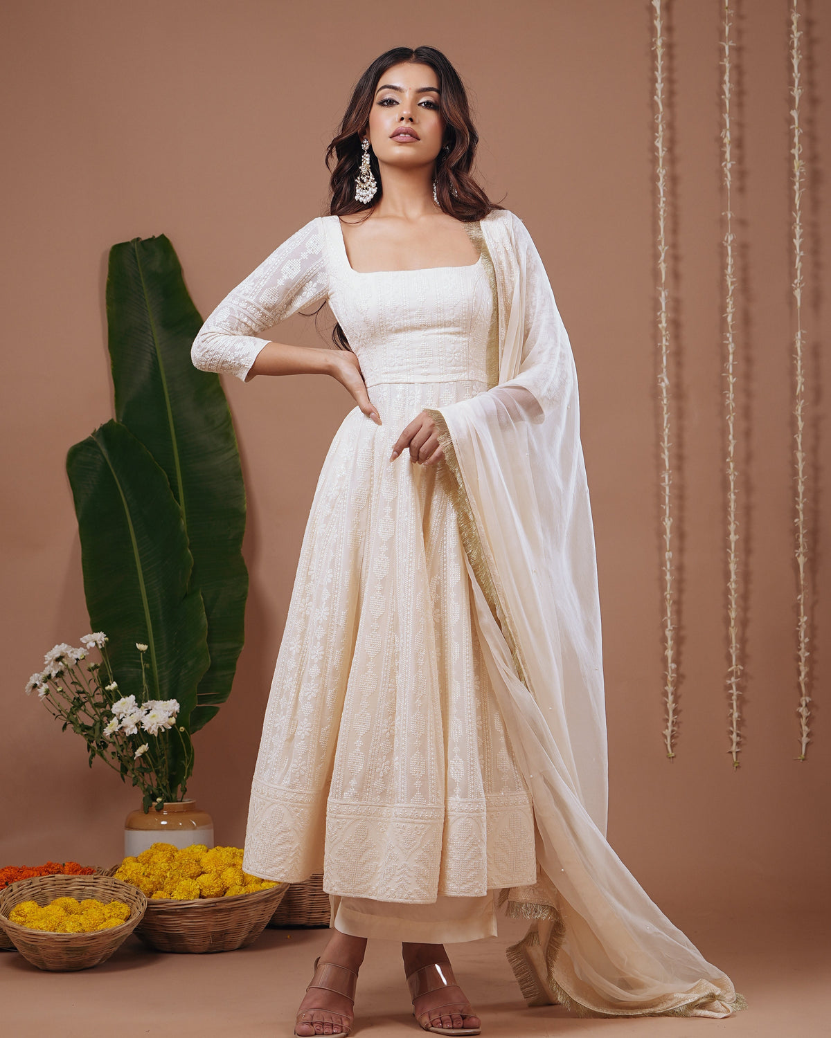 Ivory Chikankari Anarkali Suit Set (Set of 3)