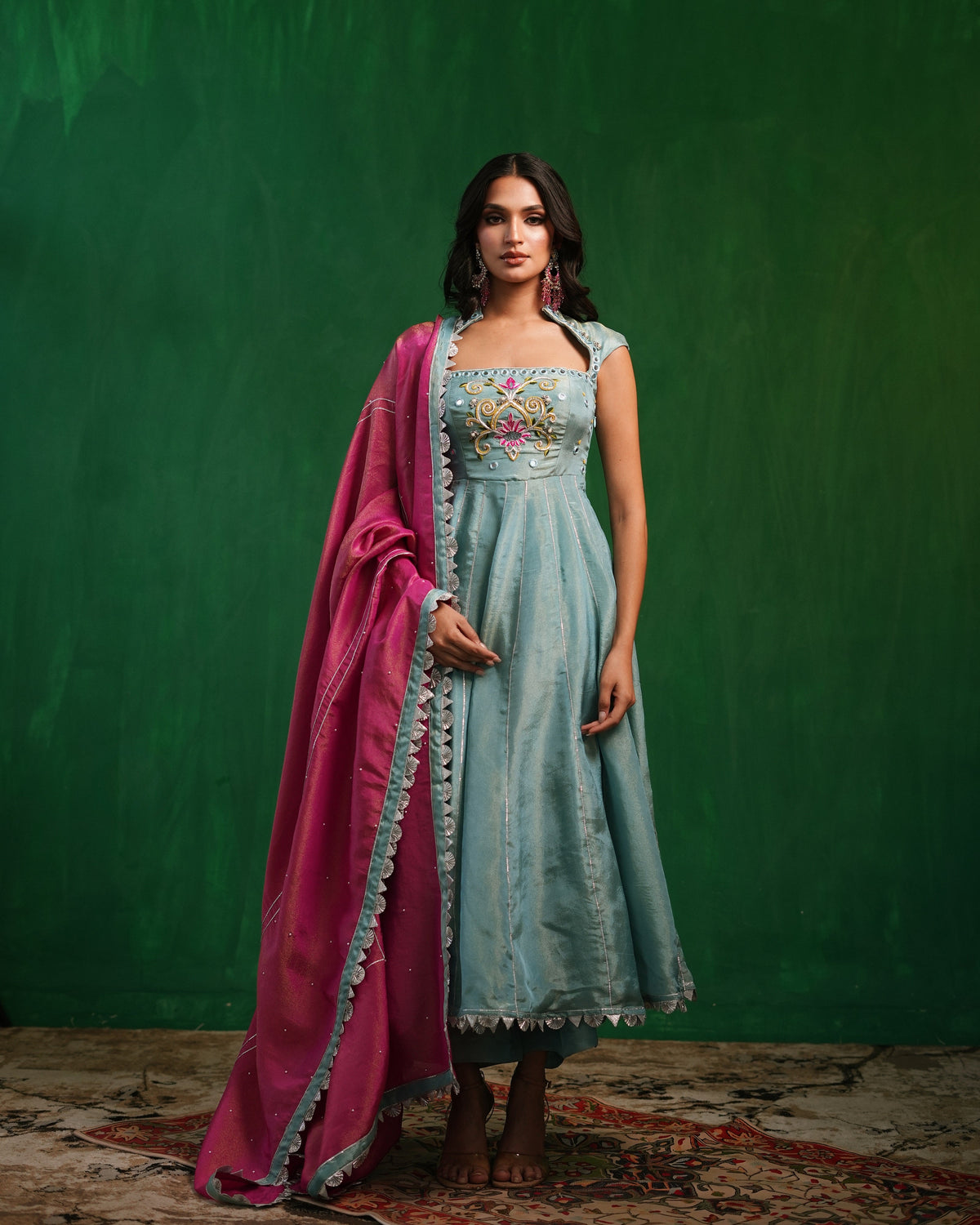Aqua Blue Tissue Silk Heavy Anarkali Set  (Set of 3)