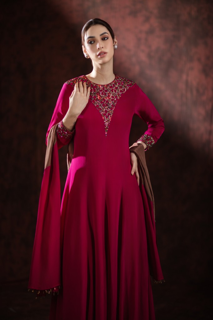 Ruby Riverie Embellished Cape Gown