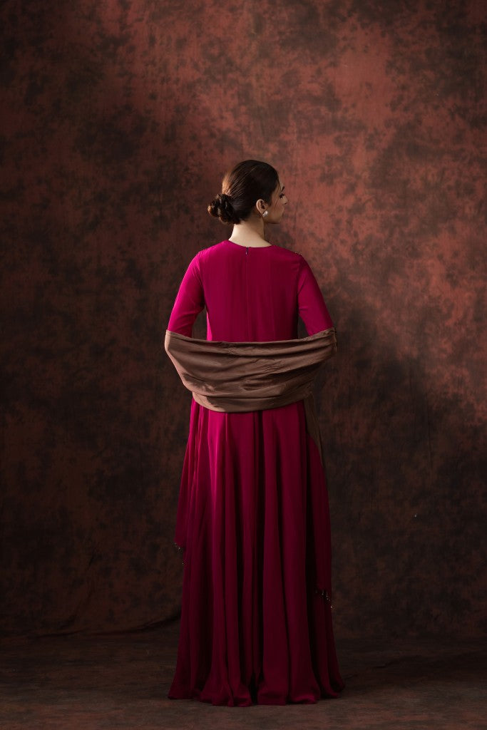 Ruby Riverie Embellished Cape Gown