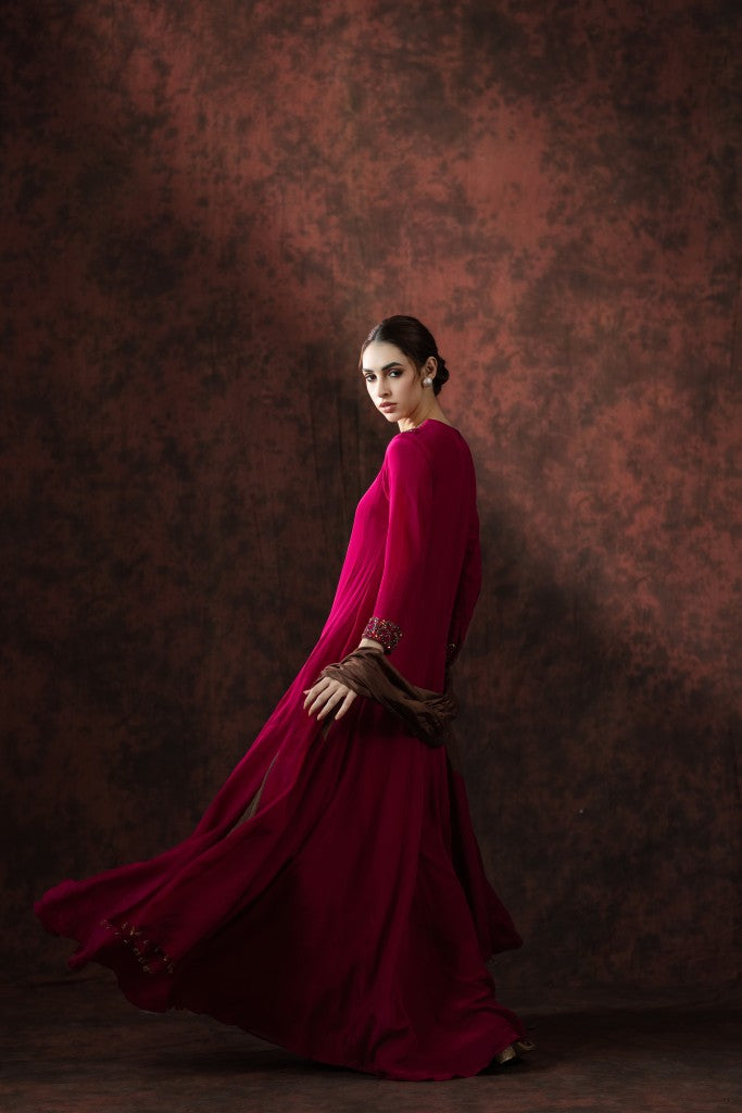 Ruby Riverie Embellished Cape Gown