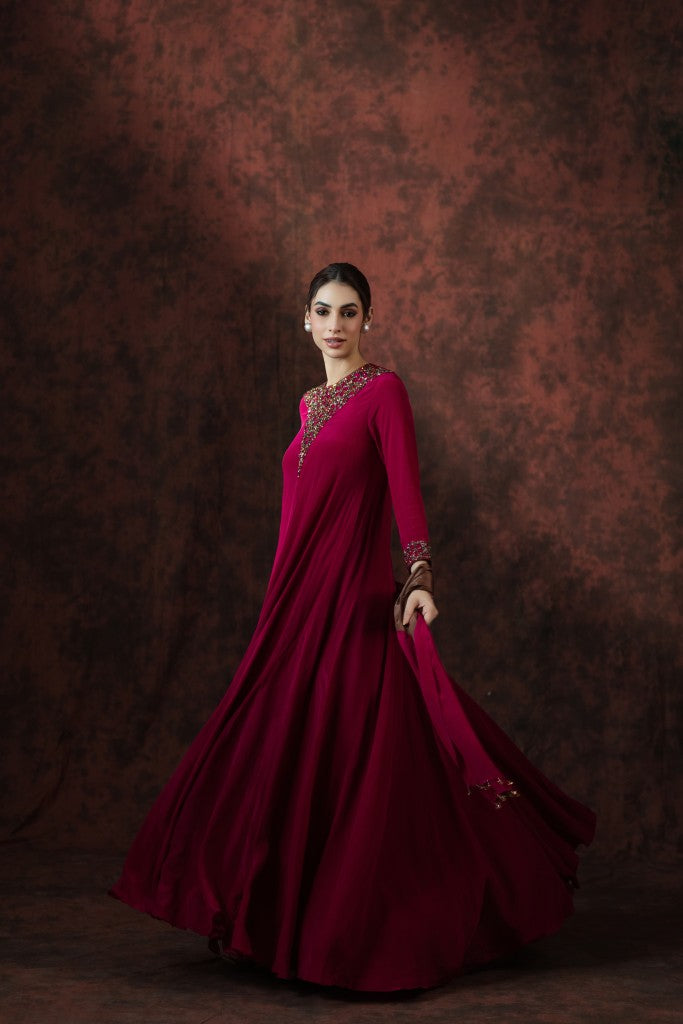 Ruby Riverie Embellished Cape Gown