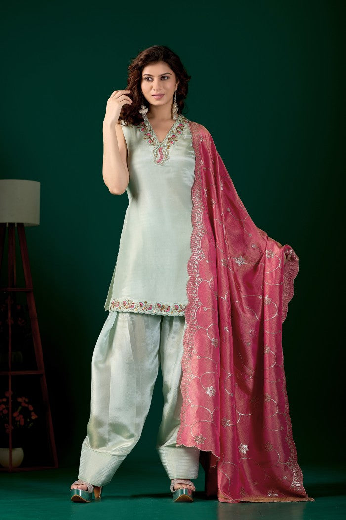 Mint Embroidered festive kurta set