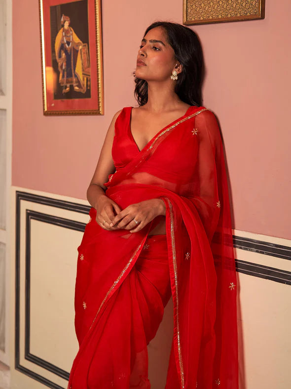 Red Hibiscus Silk Organza Saree