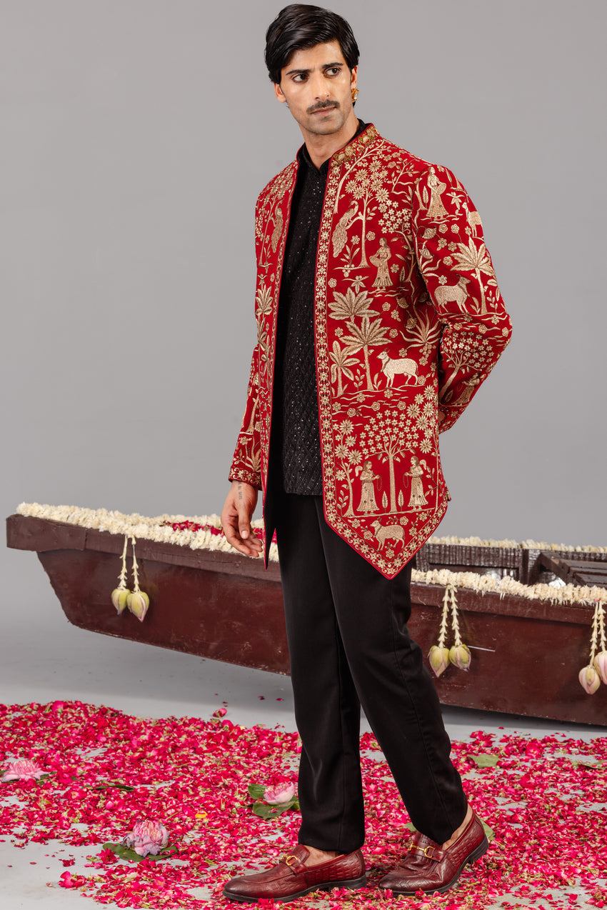 PICHWAI RED JODHPURI SET