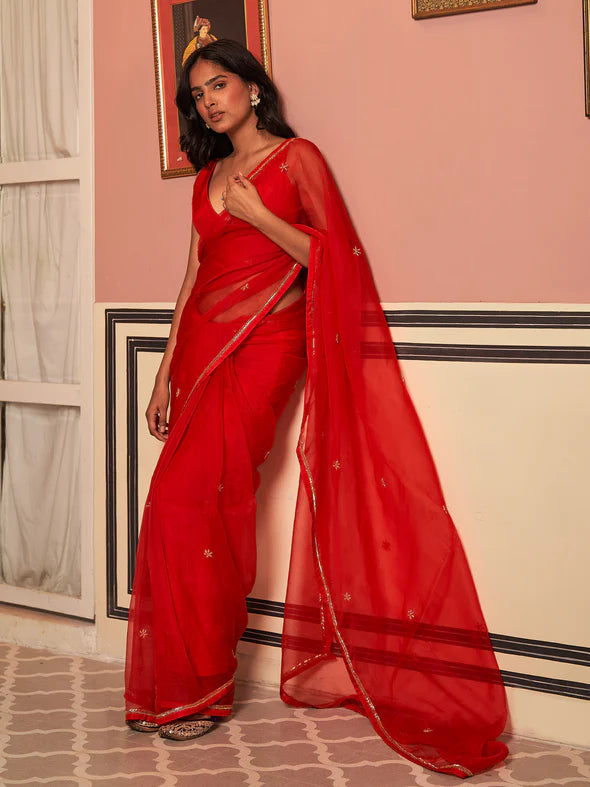 Red Hibiscus Silk Organza Saree