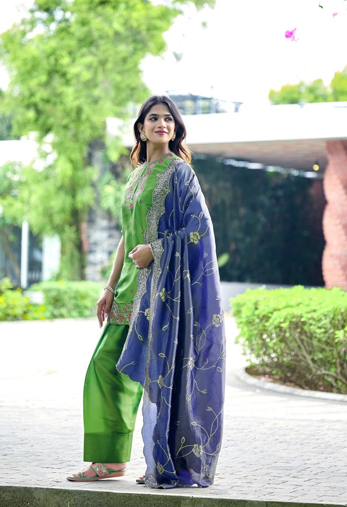 Fern Green Floral Embroidered Festive Suit Set