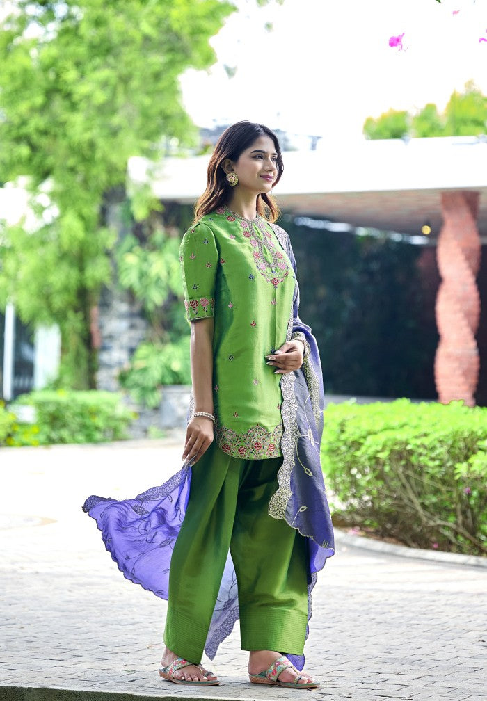 Fern Green Floral Embroidered Festive Suit Set