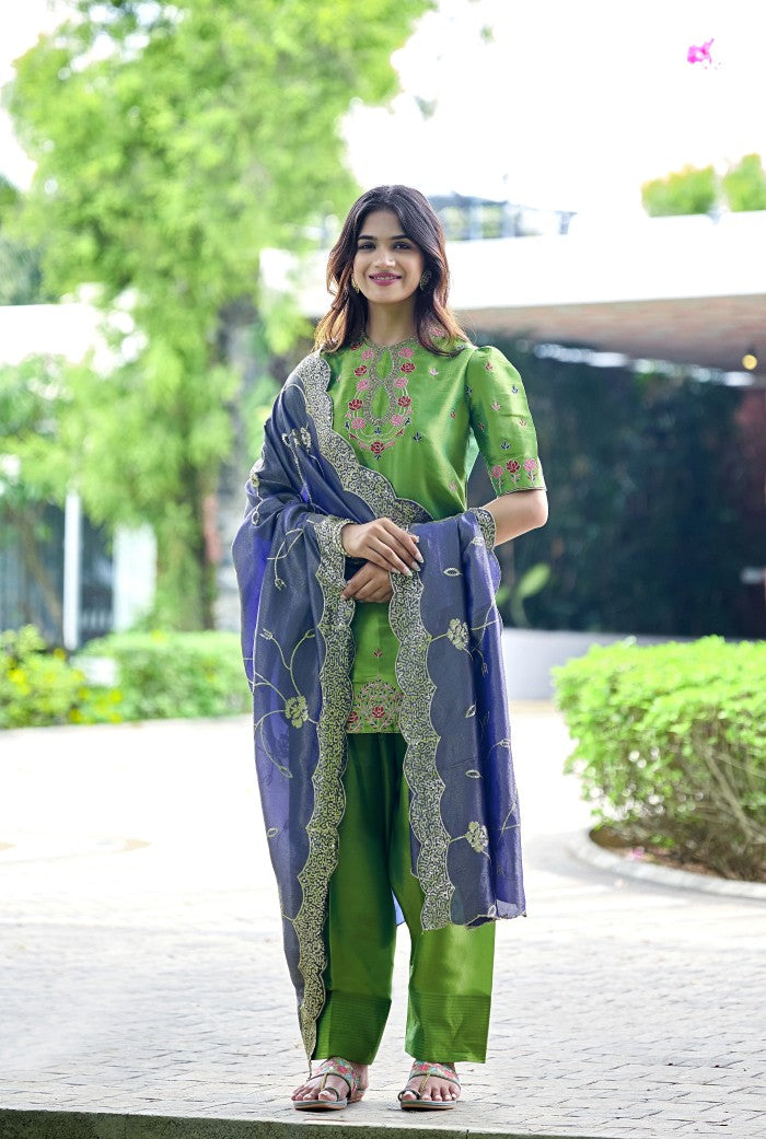 Fern Green Floral Embroidered Festive Suit Set