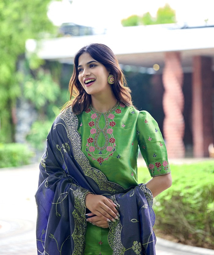 Fern Green Floral Embroidered Festive Suit Set